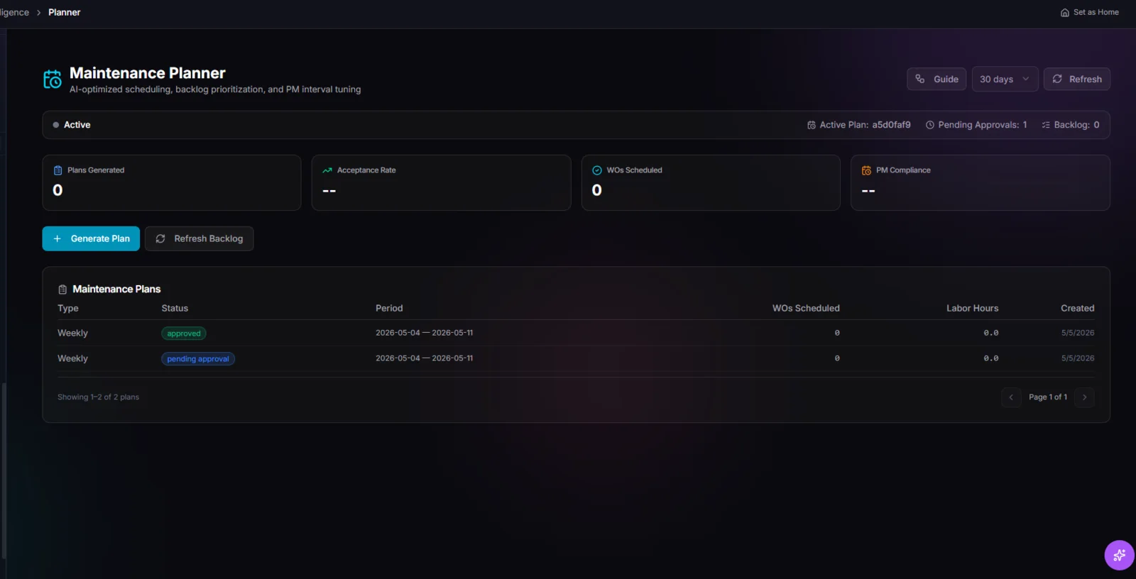 TwinEdge AssetOps maintenance planner screenshot