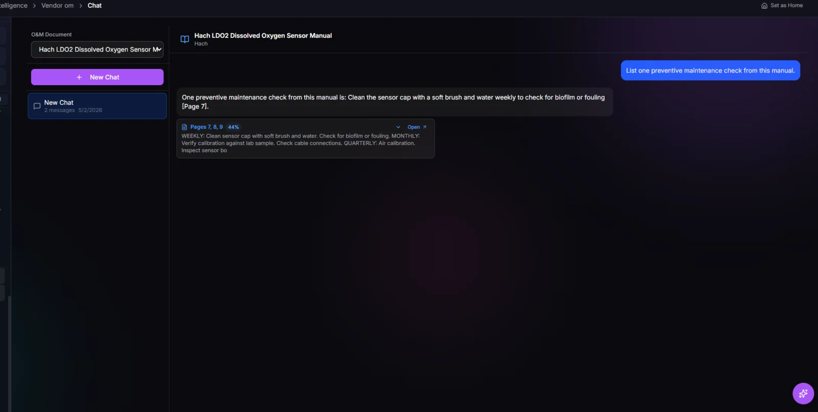 TwinEdge AssetOps O&M chat screenshot showing a cited answer from an operations and maintenance manual