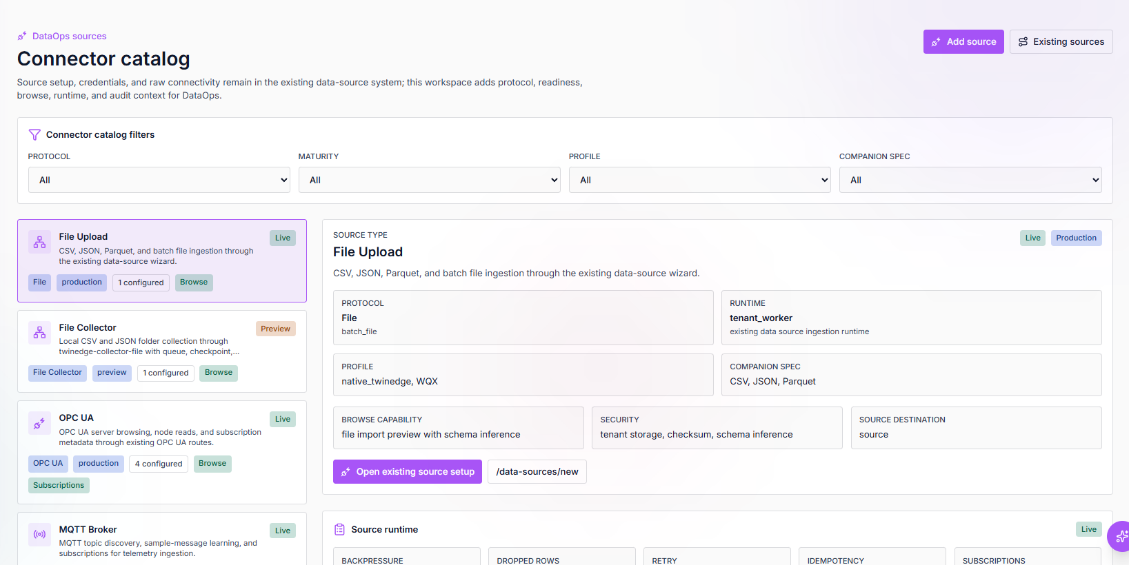 TwinEdge DataOps connector catalog screenshot showing source filters, file upload, OPC UA, MQTT, and runtime details