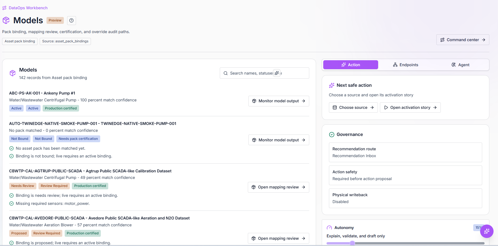 TwinEdge DataOps models screenshot showing asset pack binding, model records, mapping review actions, and governance controls