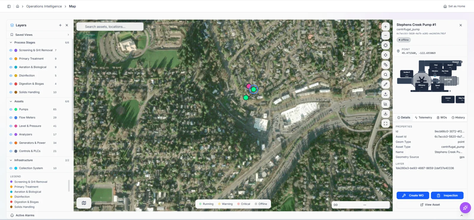 TwinEdge GIS screenshot showing layers, selected asset, telemetry, create work order, inspection, and digital twin context
