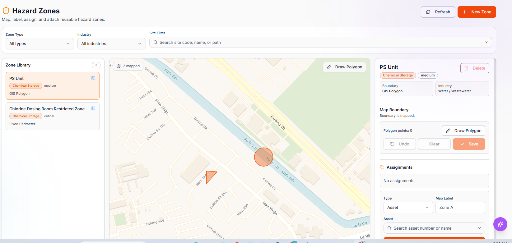 TwinEdge GIS hazard zone screenshot showing mapped chemical storage zones, zone library, and assignment panel