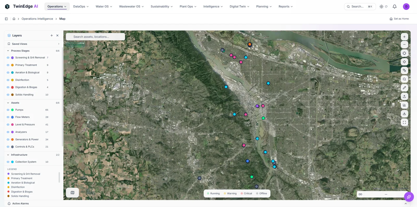 TwinEdge GIS layer asset screenshot showing process stages, asset classes, infrastructure layers, and operational map controls
