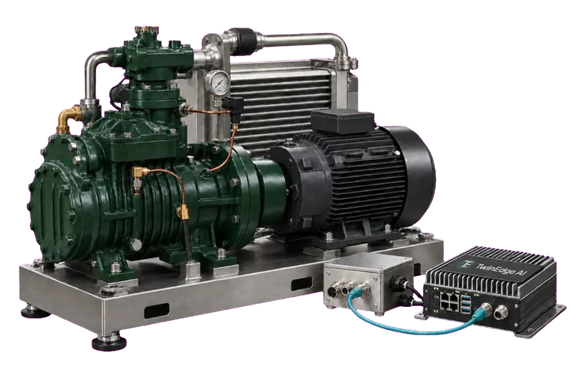 A forest-green compressor, electric motor, and aftercooler connected to an edge computer with a clearly visible TwinEdge AI logo and name on its top panel.